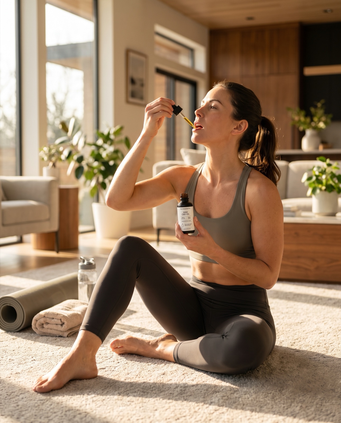 Woman in athletic wear taking Pure Botanical Co CBD oil after morning routine